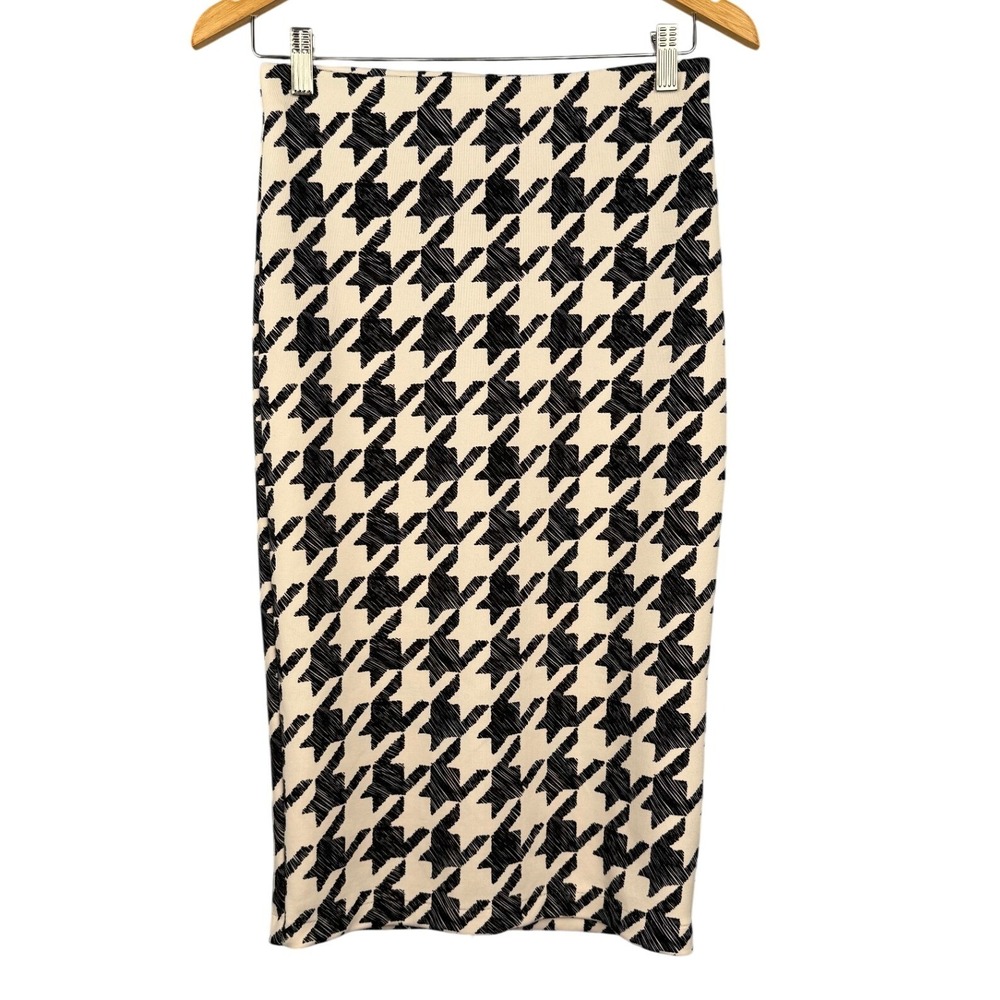 H&M Womens Small Black White Houndstooth Pencil Skirt Back Slit Knee Length